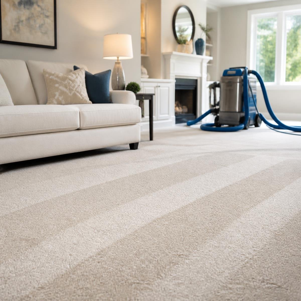Freshly cleaned living room carpet with professional cleaning equipment